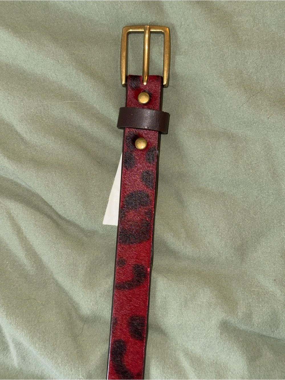 Women's Red Leopard Print Leather Belt with Brass Buckle